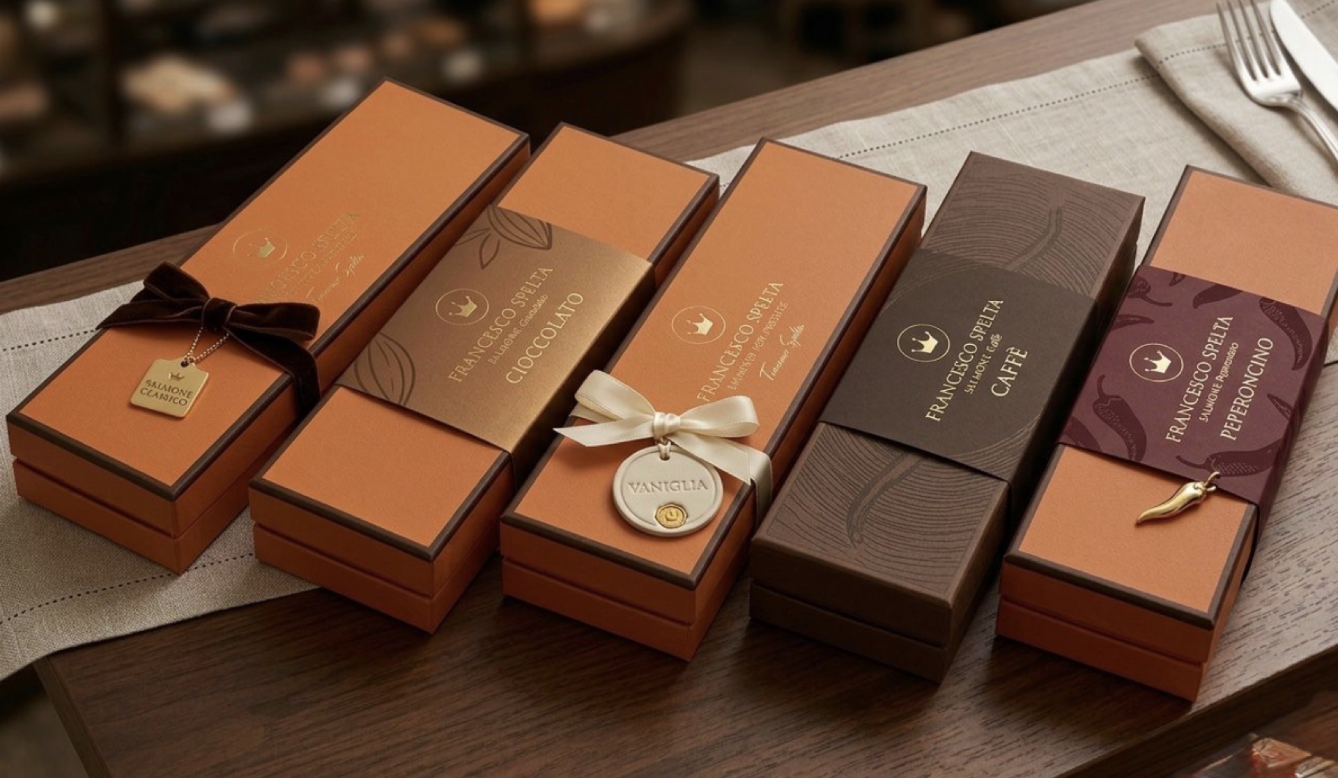 Francesco Spelta — Full collection: Salmone Classico, Cioccolato, Caffè, Vaniglia and Peperoncino expressions